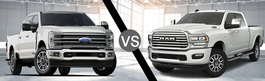 Side-by-side comparison of 2024 Ford F-250 and Ram 2500 heavy-duty trucks